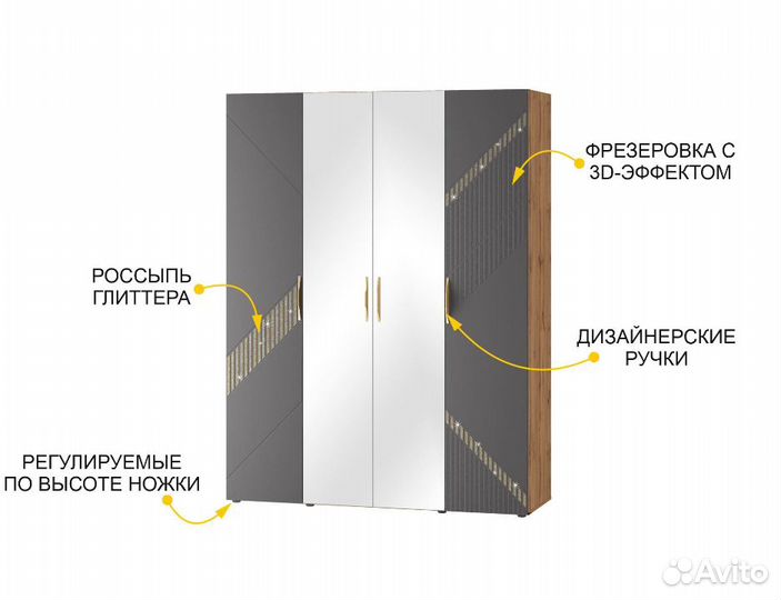 Шкаф четырех дверный с зеркалом (лев/прав) Монако