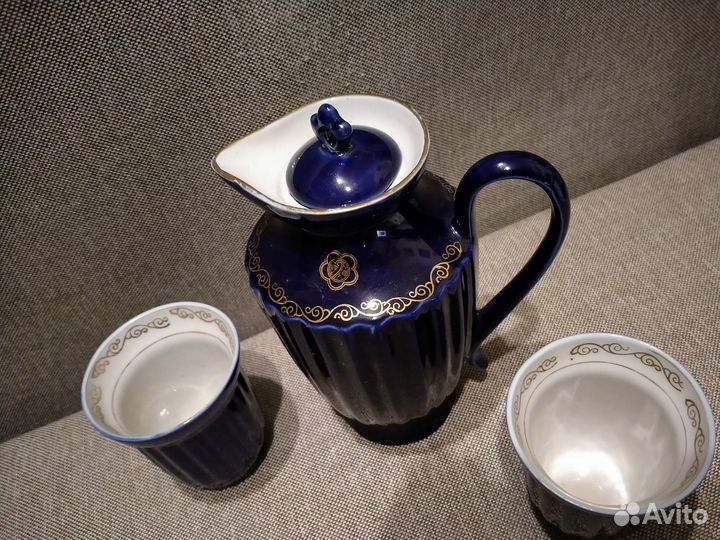 Кувшин и 2 стакана кобальт Бронницы СССР