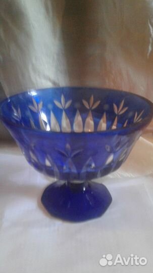 Хрусталь синий кувшин ваза рог Чехия гдр Винтаж