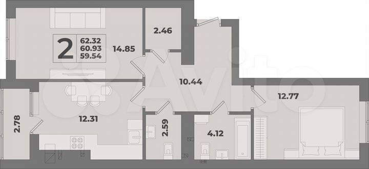 2-к. квартира, 62,3 м², 6/10 эт.