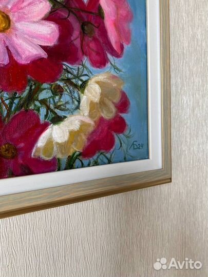 Картина маслом на холсте цветы 56х56 с рамой