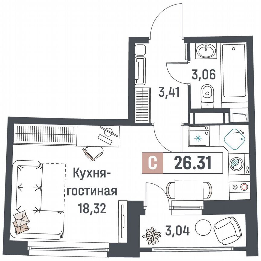 Квартира-студия, 26,3 м², 7/18 эт.