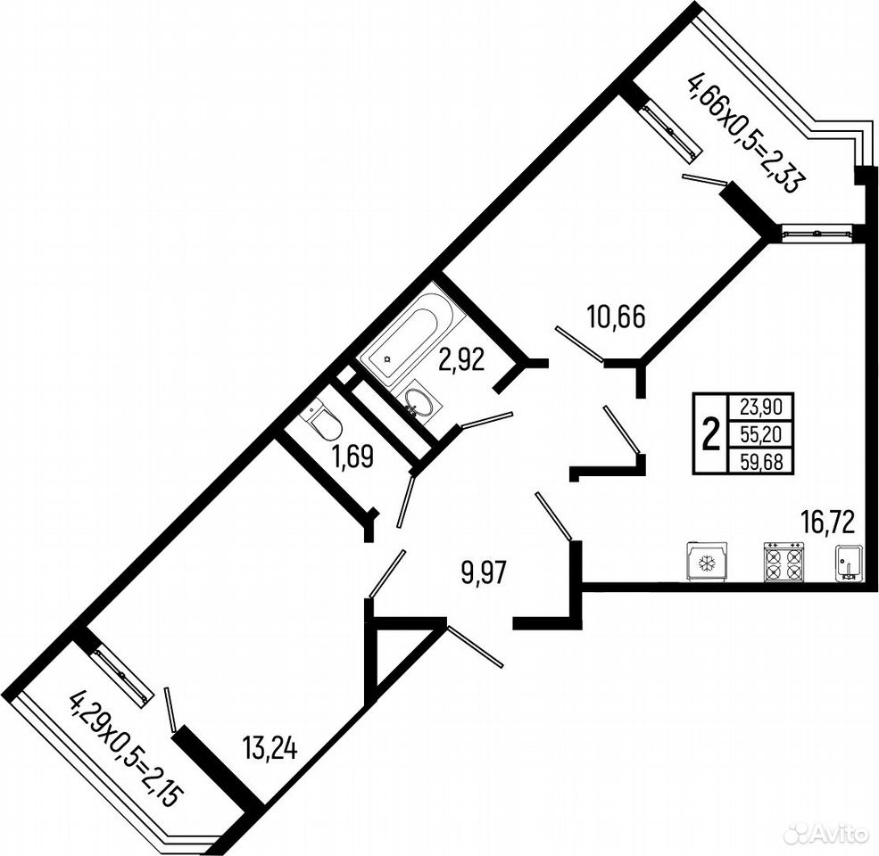 2-к. квартира, 55,2 м², 3/9 эт., Небуг