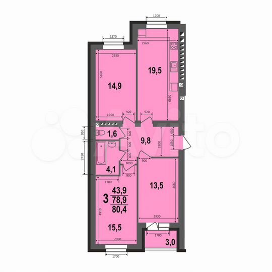 3-к. квартира, 80,4 м², 2/5 эт.