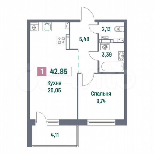1-к. квартира, 42,9 м², 8/16 эт.