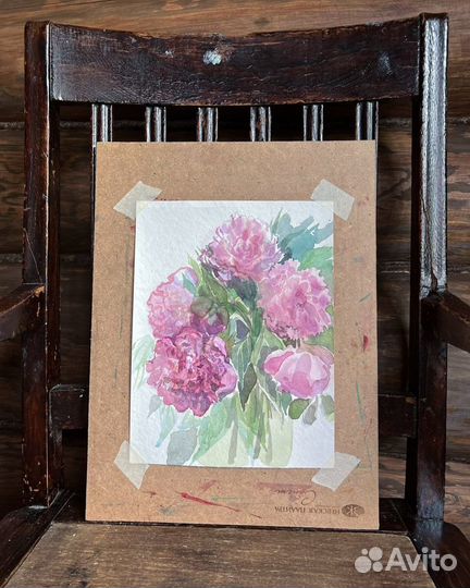 Картина «Пионы», акварель, цветы