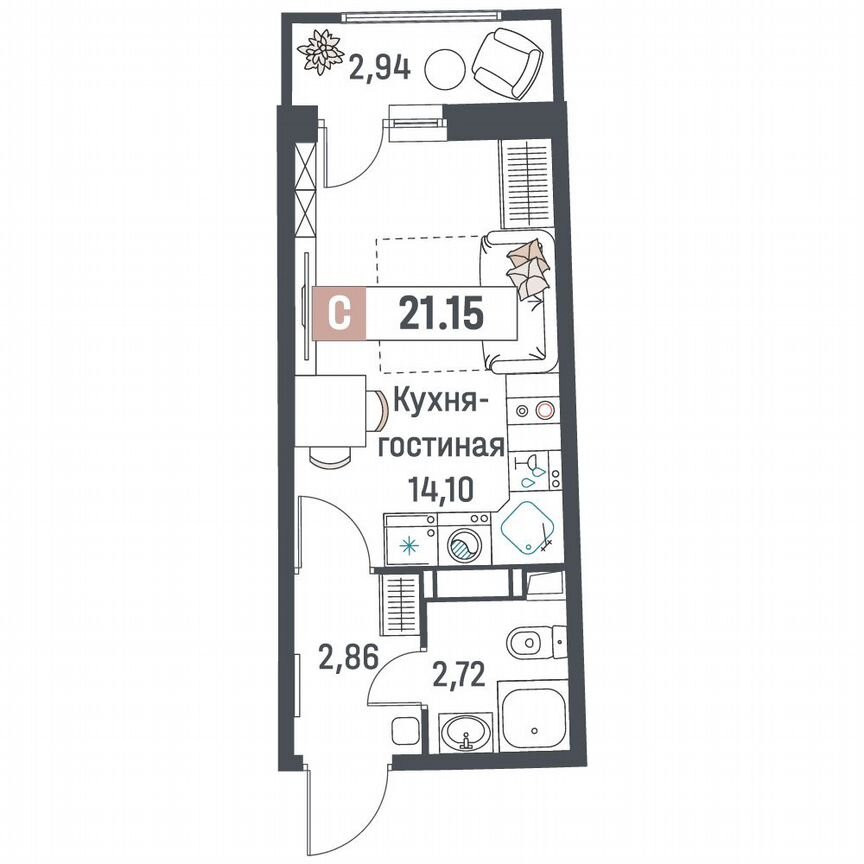 Квартира-студия, 21,2 м², 12/18 эт.