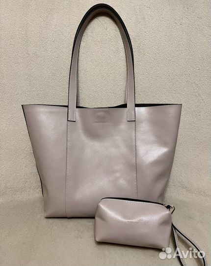 Сумка из натуральной кожи, серо -бежевая