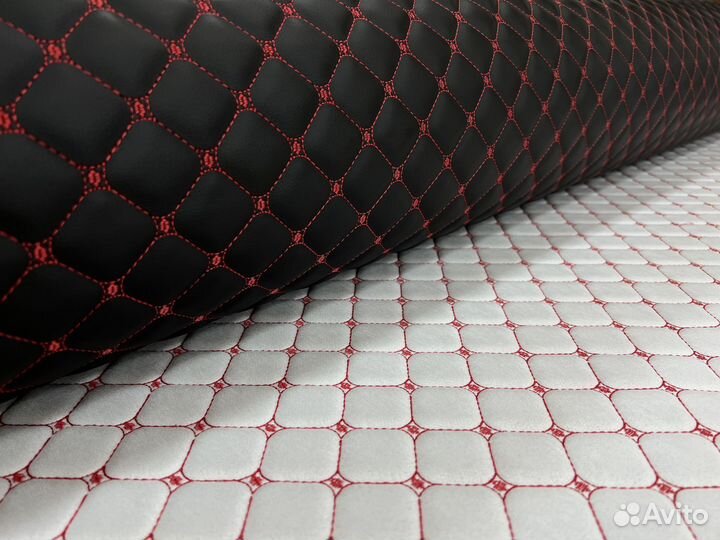Стеганая экокожа черная красный квадрат