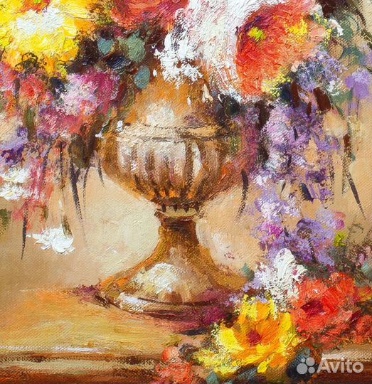 Букет цветов в вазе картина маслом на холсте 27х41