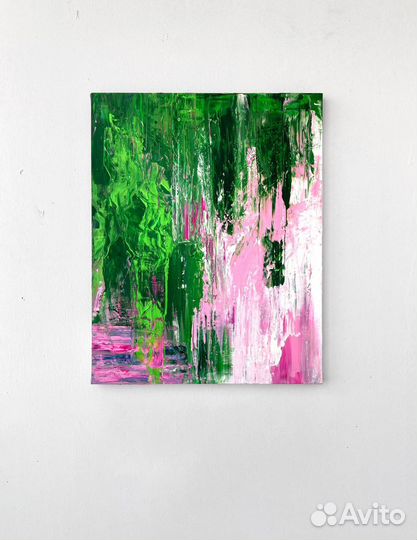 Картина абстракция зеленая розовая
