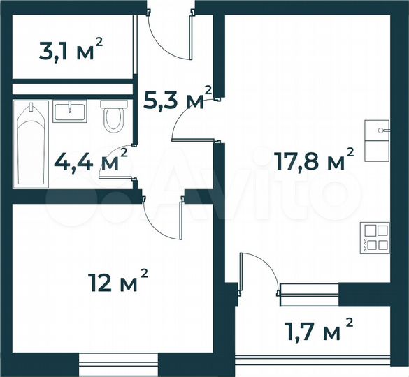 1-к. квартира, 44,3 м², 1/5 эт.