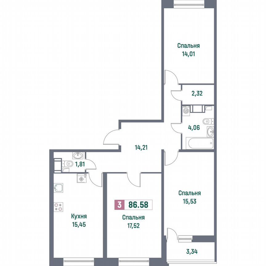 3-к. квартира, 86,6 м², 10/16 эт.