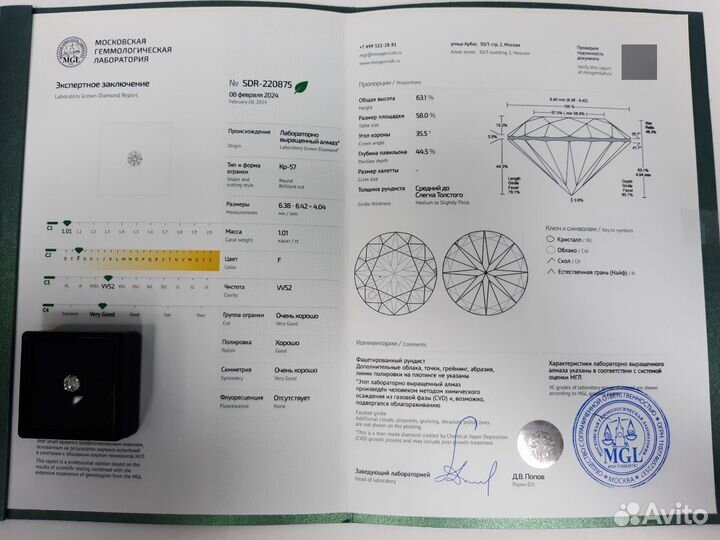 Бриллиант кр-57. Масса 1,01 кар. SDR-220875