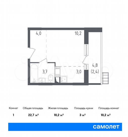 Квартира-студия, 22,7 м², 3/13 эт.