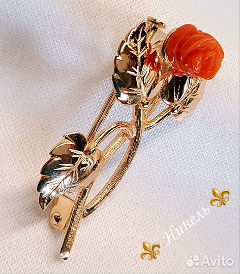 Чудесная антик. брошь. Золото 583. Коралл. СССР