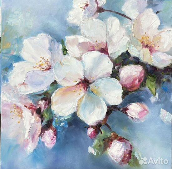 Картина маслом белые цветы яблони