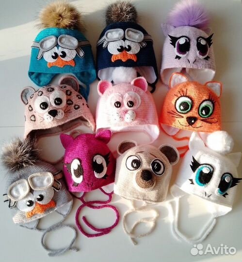 Шапка детская вязаная летчик зверошапка чепчик