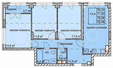 3-к. квартира, 72,4 м², 3/15 эт.