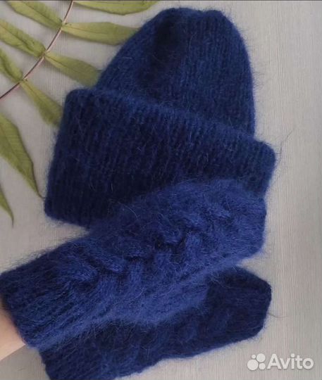 Шапка и варежки из пуха норки,мохера и мериноса