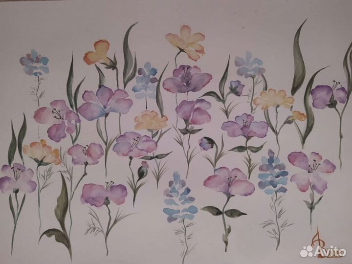 Летние цветы, картина акварелью, формат А4