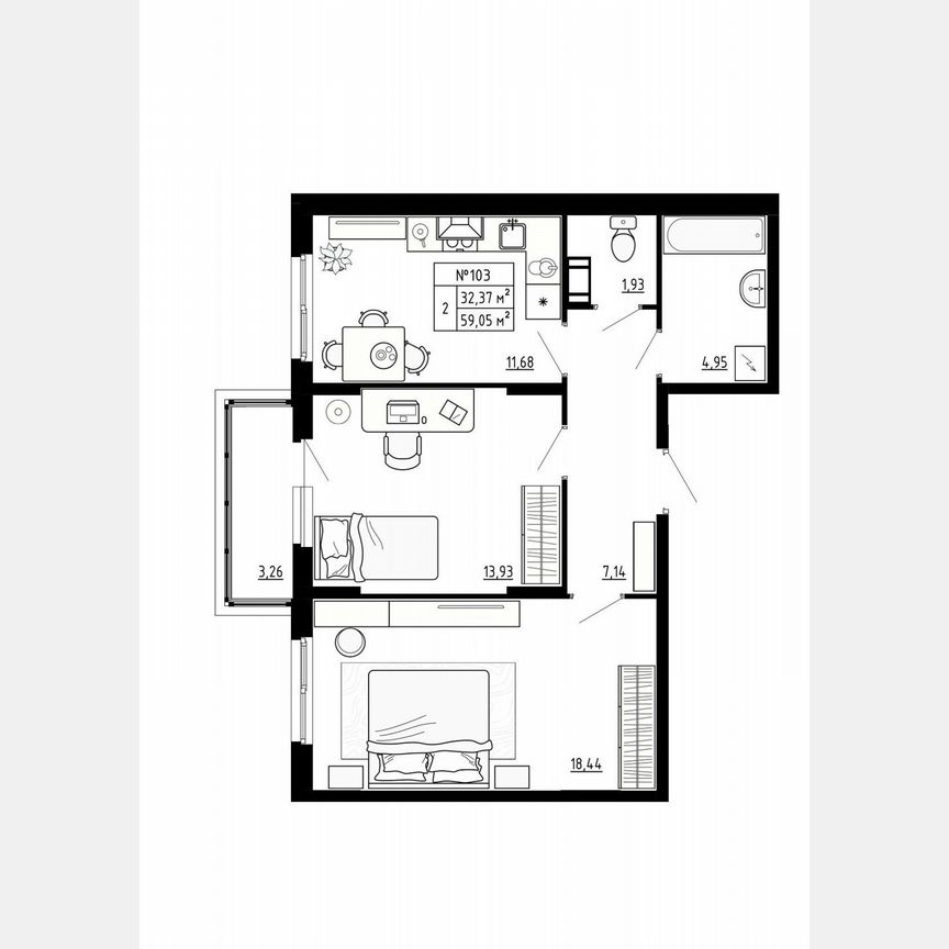 2-к. квартира, 59,1 м², 3/4 эт.