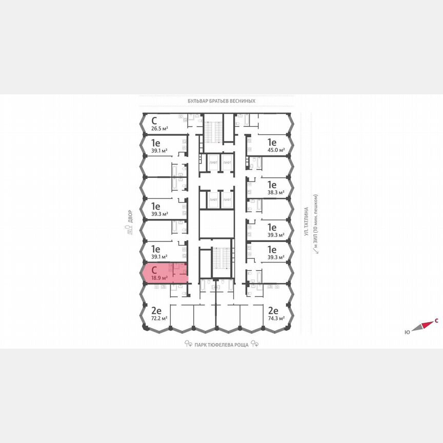 Квартира-студия, 18,9 м², 38/43 эт.