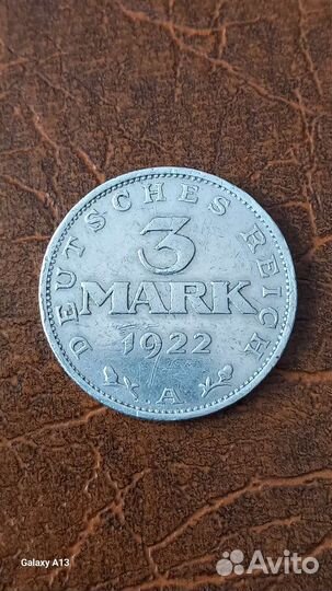 Монета 3 марки 1922 года.Оригинал