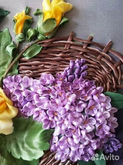 Букет в корзине. (вышивка атласными лентами. )