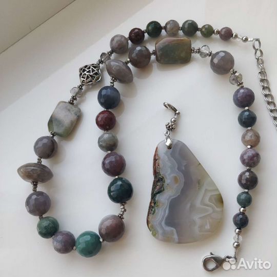 Бусы из яшмы + кулон агат натуральный камень