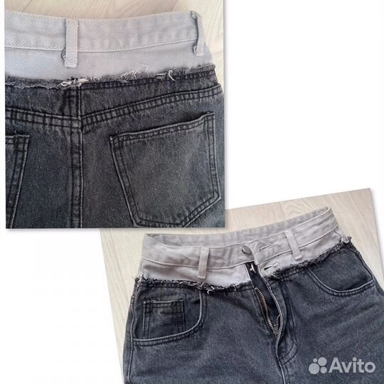 Джинсы с двойным поясом комбинированные