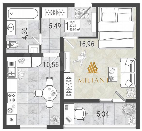 1-к. квартира, 40 м², 1/9 эт.