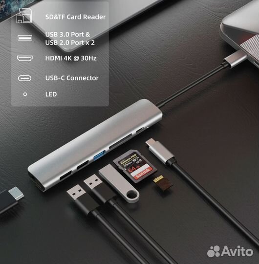 Хаб Адаптер USB 3.0 Type-C hdmi 4K кард ридер