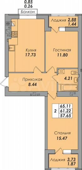 2-к. квартира, 65,1 м², 8/8 эт.