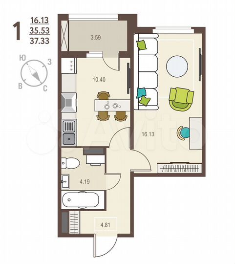 1-к. квартира, 37,3 м², 16/17 эт.