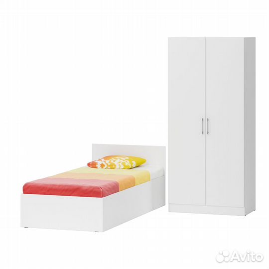 Кровать белая односпальная с ящиками 900 со шкафом для одежды 2-х створчатым Стандарт, цвет белый, с