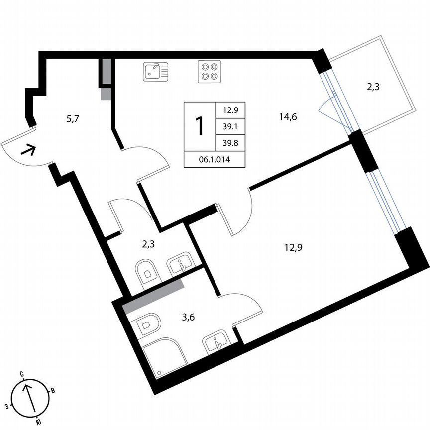 1-к. квартира, 39,8 м², 2/3 эт.