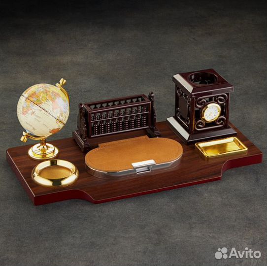 Набор настольный 6в1 с визитницей и часами, вишня