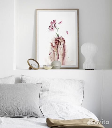 Картина акварелью цветок, руки влюблённых