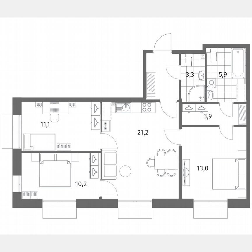 3-к. квартира, 72,7 м², 2/13 эт.