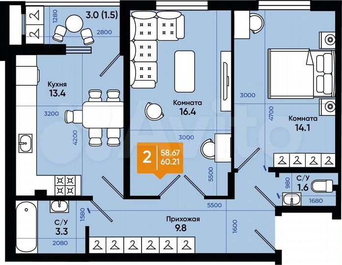 2-к. квартира, 60,2 м², 1/9 эт.
