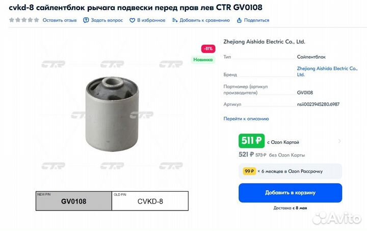 Сайлентблоки рычага подвески CTR GV0108