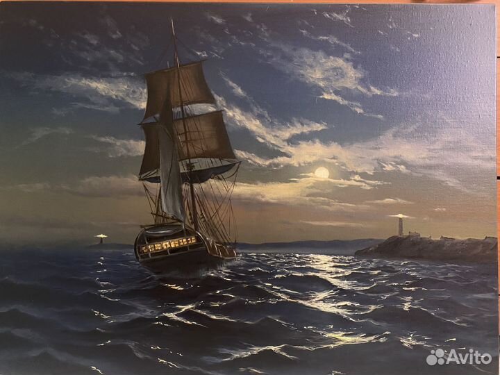 Картина маслом морской ночной пейзаж с кораблем