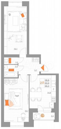 2-к. квартира, 66,3 м², 4/5 эт.