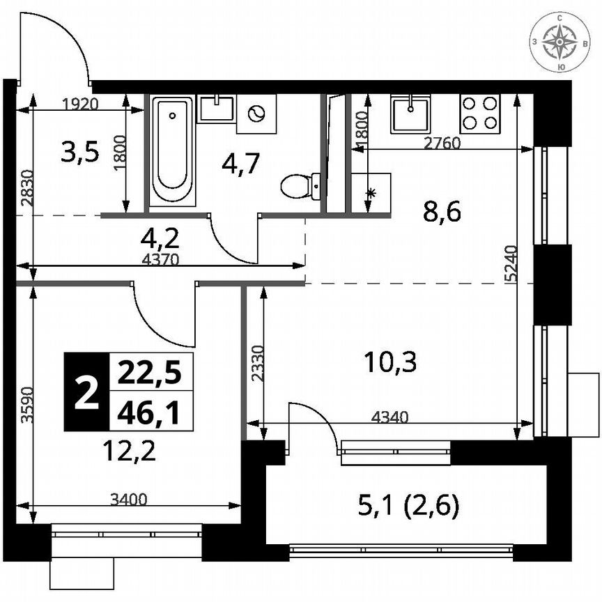 1-к. квартира, 46,1 м², 17/25 эт.