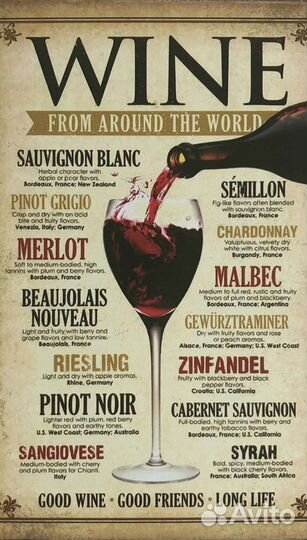 Винная карта, меню ресторана