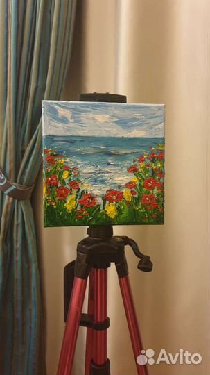Картина на холсте акрил 20/20см пейзаж море цветы