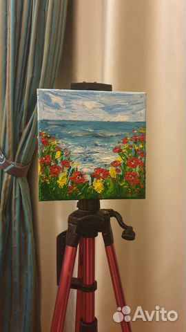 Картина на холсте акрил 20/20см пейзаж море цветы