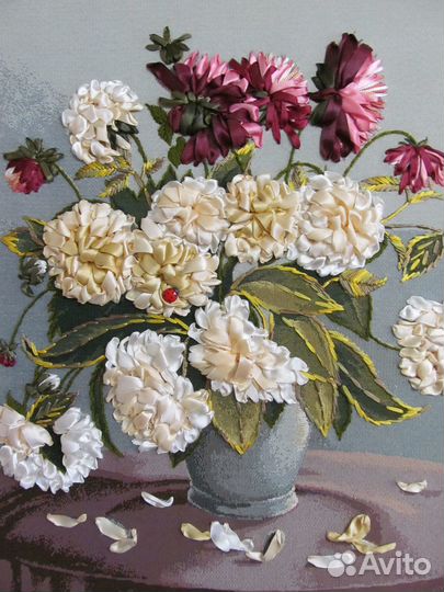 Пионы и георгины вышивка лентами