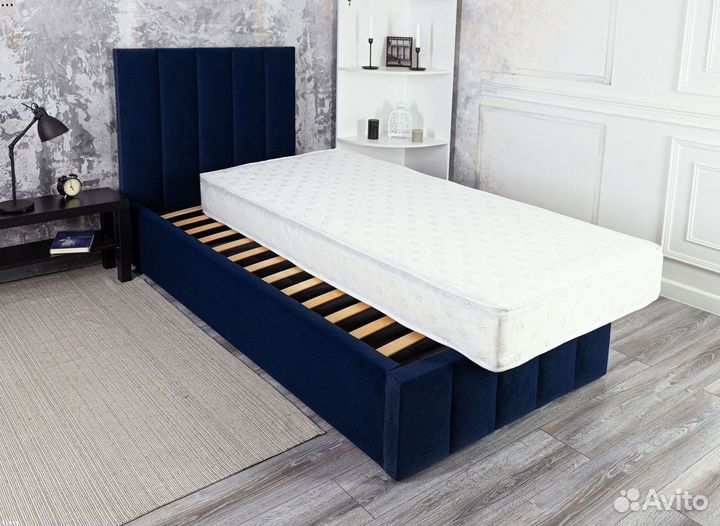 Кровать односпальная Богема 90х200 в велюре Синяя